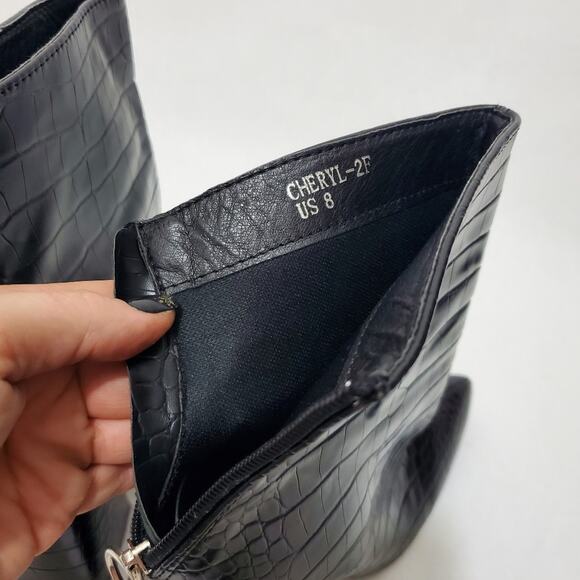 Fashion Nova | Cheryl Patent Leather Textured Reptile Chunky Heel Booties - Picture 8 of 11